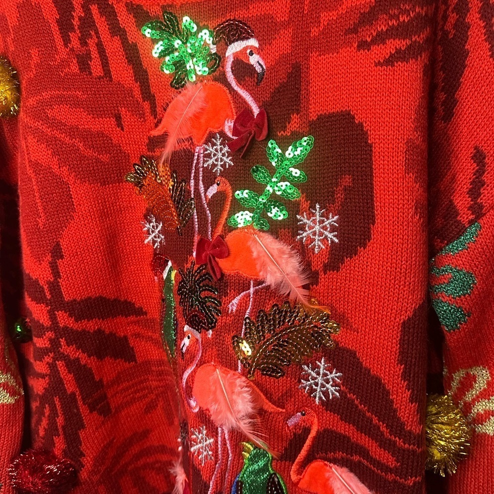 33 Degrees Festive Tropical Christmas Red Flamingo Sweater Woman’s Size Medium - Picture 2 of 4